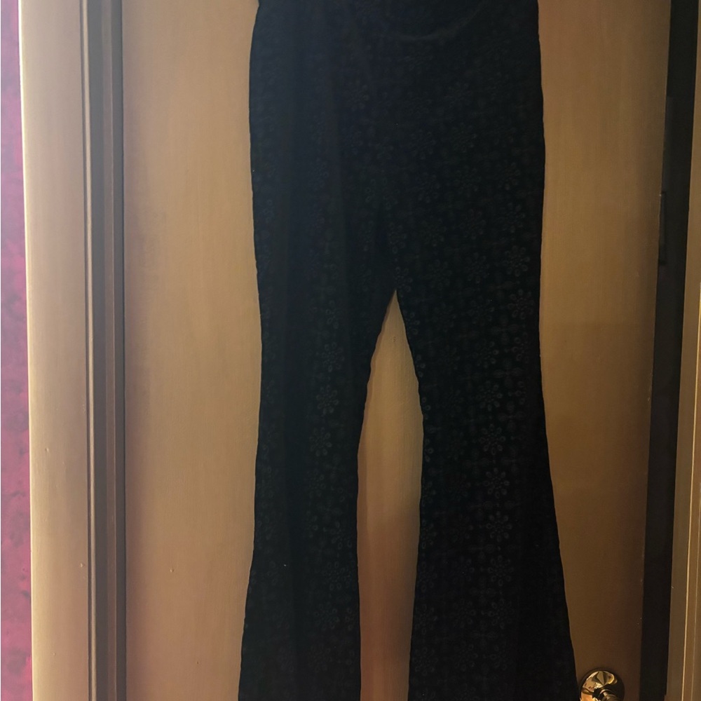 Anthropology wide  leg  black  velvet bellbottom embossed